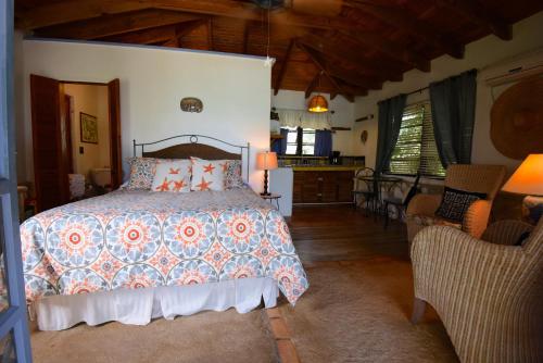 1 dormitorio con 1 cama y sala de estar en Pigeon Cay Beach Club, en Rokerʼs