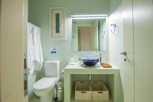 a bathroom with a toilet and a sink and a mirror at Villa Yalita in Melissaki