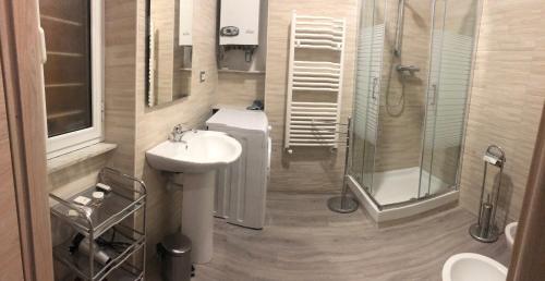 ein Bad mit einem Waschbecken und einer Dusche in der Unterkunft Appartamento Martino in Genua