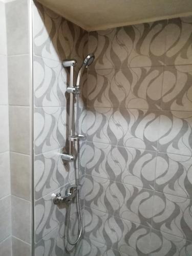 a shower stall in a bathroom with a patterned wall at Sixty Two #1 in Victoria