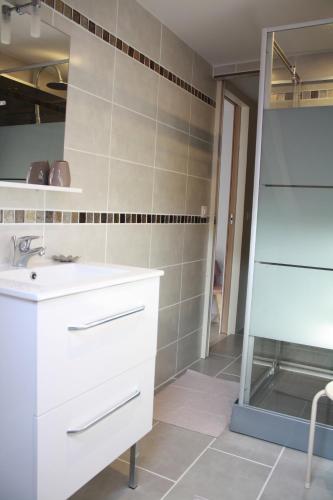 une salle de bain avec un lavabo blanc et un miroir dans l'établissement La SuccuRSalle, à Honfleur
