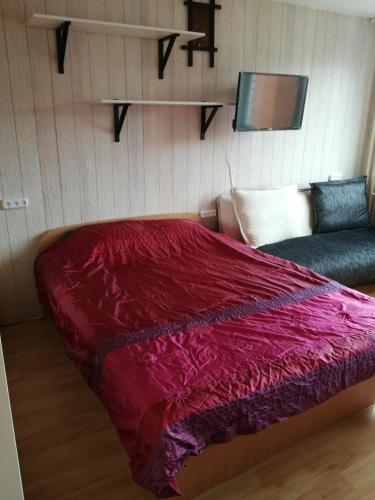 a bedroom with a red bed and a couch at Flat, 1 room, study in Panevėžys