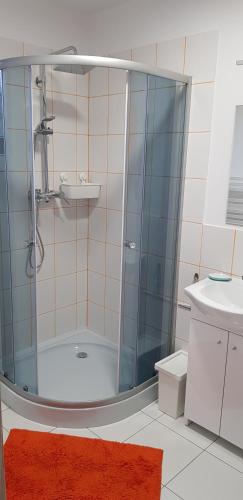 a bathroom with a shower and a sink at Osada nad Potokiem in Szczyrk