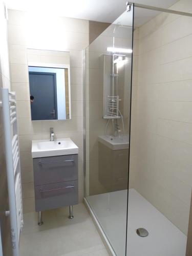 een badkamer met een douche, een wastafel en een spiegel bij Studio Carline in La Flotte
