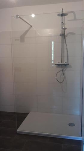 een douche met een glazen deur in de badkamer bij Pier 213 in Bad Zwischenahn