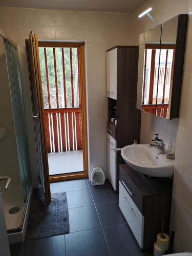a bathroom with a sink and a toilet and a shower at Apartma Lucijana in Mojstrana