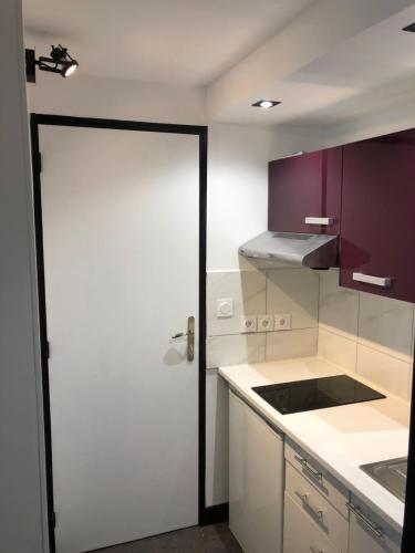 a kitchen with a white door and purple cabinets at Studio Gare Part Dieu in Lyon