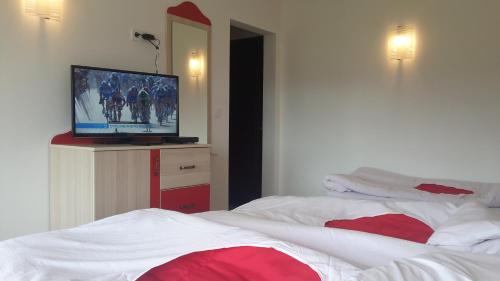 a bedroom with two beds and a flat screen tv at Guest House Panorama in Gela