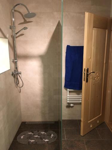 a shower with a glass door and a blue towel at Domek pod Maciejową in Rabka-Zdrój