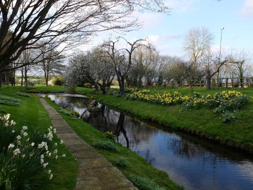 a stream in a park with flowers and trees at The Thatched Barn in Thame