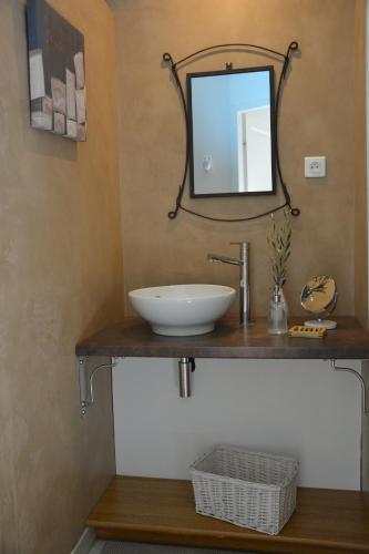 a bathroom with a sink and a mirror at Les Aludes in La Destrousse