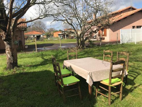une table et des chaises dans une cour avec un arbre dans l'établissement BISCA MAISON FAMILIALE LANDAISE, à Biscarrosse