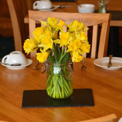 a vase of yellow flowers sitting on a table at Balnearn House in Aberfeldy