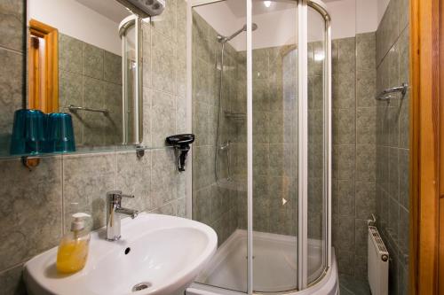 a bathroom with a sink and a shower at Hotel Katrina in Cēsis