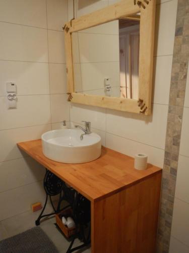 a bathroom with a sink and a mirror at Chata Albertówka in Groń