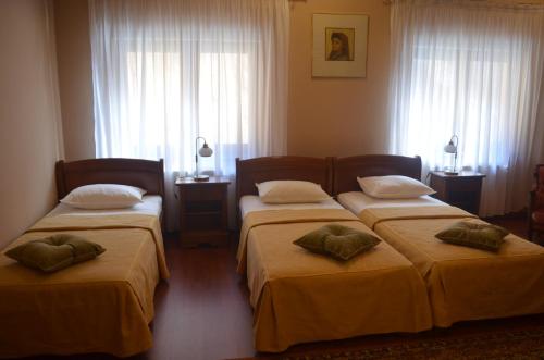 two beds in a hotel room with windows at Pensiunea Magura in Baia Mare