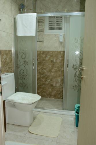 a bathroom with a toilet and a glass shower at Şar Pansiyon in Istanbul