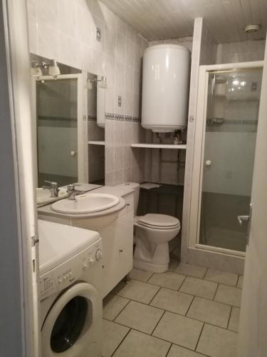 uma casa de banho com um lavatório e uma máquina de lavar roupa em Charmant logement proche mer et montagne em Hasparren