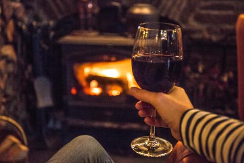a person holding a glass of wine in front of a fireplace at The Pickwick Inn & Oliver's Restaurant in Padstow