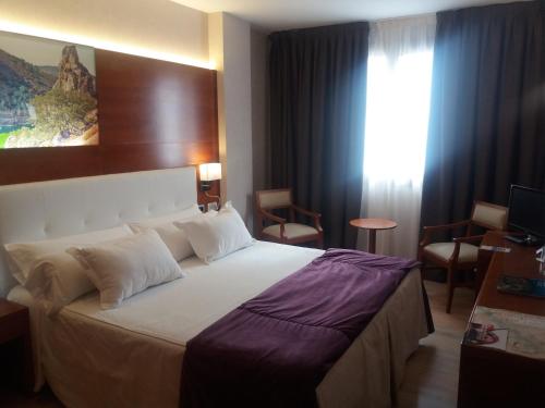 a hotel room with a large bed and a window at Hotel Balneario Valle del Jerte in Valdastillas