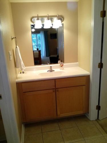 a bathroom with a sink and a mirror at Bayou Beauty in Ocean Springs
