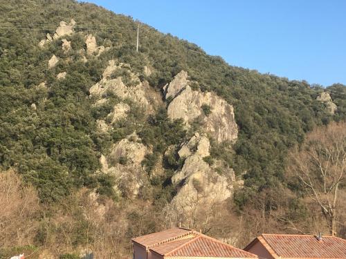 a rocky mountain with trees and buildings in front of it at Résidence Le Grand Virage in Pont-de-Labeaume