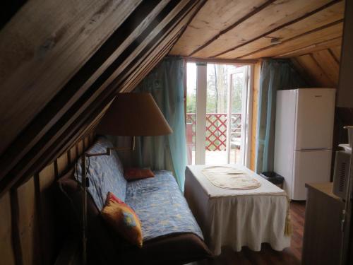 a bedroom with a bed in a room with a window at Sodyba Brazylija in Taraldžiai