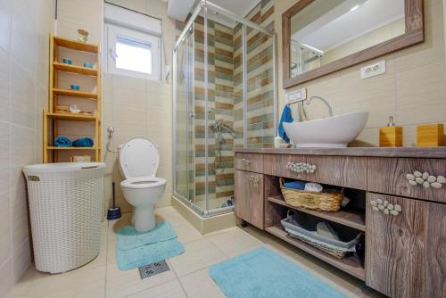 ein Badezimmer mit einem Waschbecken, einem WC und einem Spiegel in der Unterkunft Vila Barović - Kolasin in Kolašin