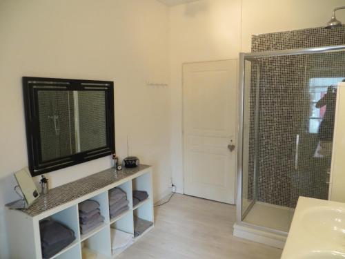 La salle de bains est pourvue d'une douche et d'une télévision murale. dans l'établissement l'echoppe rochelaise, à La Rochelle