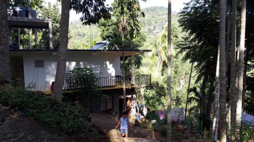 a child walking in front of a house in the forest at Rawana Rock Road Homestay in Ella