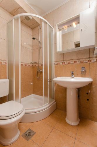 a bathroom with a shower and a toilet and a sink at House Topic in Baška Voda
