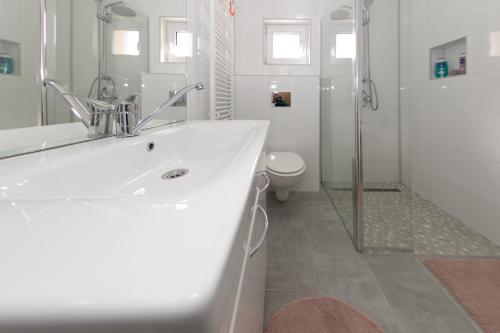 a white bathroom with a sink and a toilet at Apartments Gacka Valley in Otočac