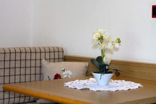 a coffee table with a vase of flowers on it at Hotel La Molinella in Soraga
