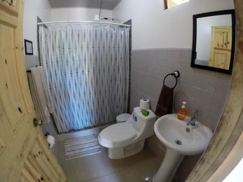 a bathroom with a white toilet and a sink at Pacheco Tours Beach Cabins in Drake