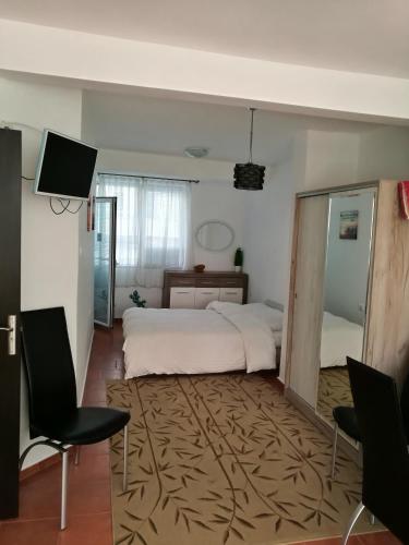 Schlafzimmer mit einem Bett, einem TV und Stühlen in der Unterkunft Apartment Sinchets in Warna