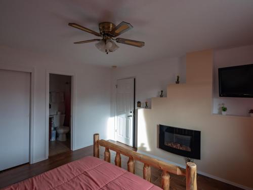 a bedroom with a ceiling fan and a fireplace at Bryce Trails Bed and Breakfast in Tropic