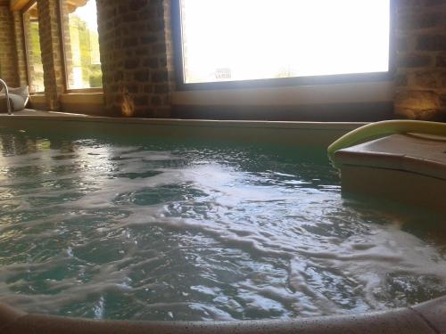 a bath tub filled with water next to a window at Trattoria Del Bivio in Cerretto Langhe