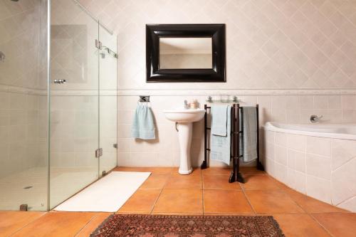 a bathroom with a sink and a toilet and a shower at Olive Tree Farm in Magaliesburg