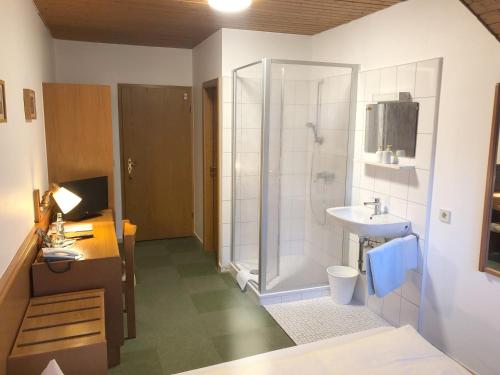 a bathroom with a shower and a sink at Landhotel Sonneneck - Breuna im Naturpark in Breuna