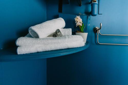 une étagère bleue avec des serviettes sur un mur bleu dans l'établissement Appartement de l'Eléphant, à Nantes