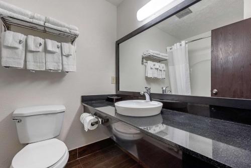 a bathroom with a toilet and a sink and a mirror at Quality Inn Coraopolis in Coraopolis