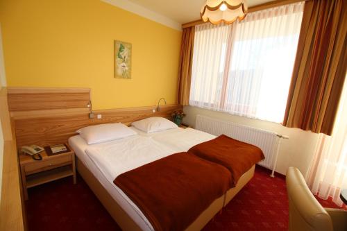 1 dormitorio con cama y ventana grande en Hotel zum Kastell, en Bad Tatzmannsdorf