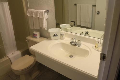 a bathroom with a sink and a toilet and a mirror at Days Inn by Wyndham Lethbridge in Lethbridge