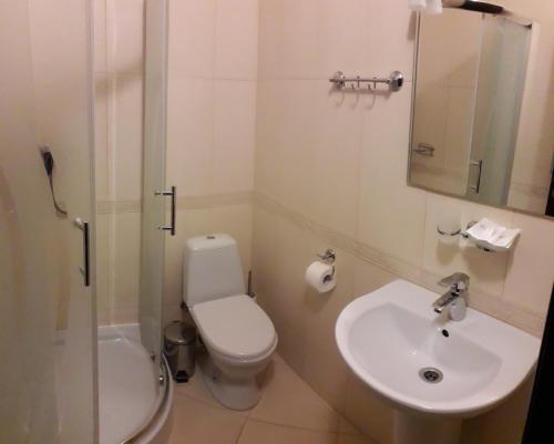 a bathroom with a white toilet and a sink at Отель "София" in Vinnytsya