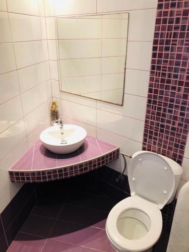 a bathroom with a sink and a toilet and a mirror at Villa Livadaros in Karterados