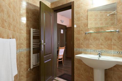 a bathroom with a sink and a mirror at Family Hotel Gerdjika in Plovdiv