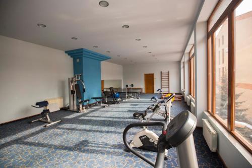 ツァグカゾールにあるHotel Russiaの建物内にトレッドミルと有酸素運動器具を備えたジム