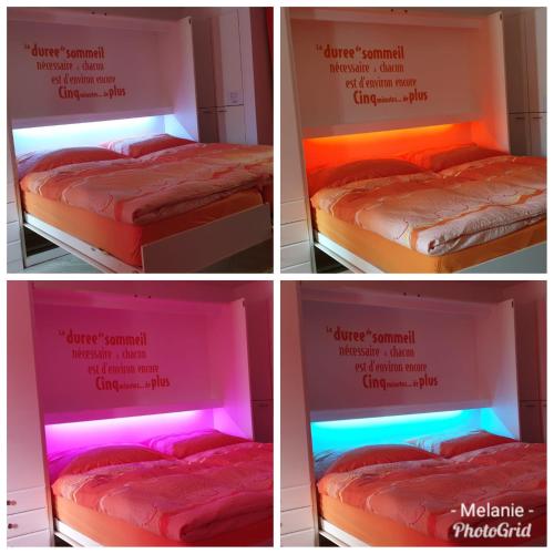 four pictures of a bed with a light on it at Un moment de détente inoubliable Saillon-les-Bain in Saillon