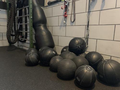 a bunch of balls are lined up in a gym at Hotel Patriot in Vranov nad Topľou