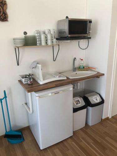 a kitchen with a counter and a sink and a microwave at Vestmannsvatn Guesthouse in Aðaldalur